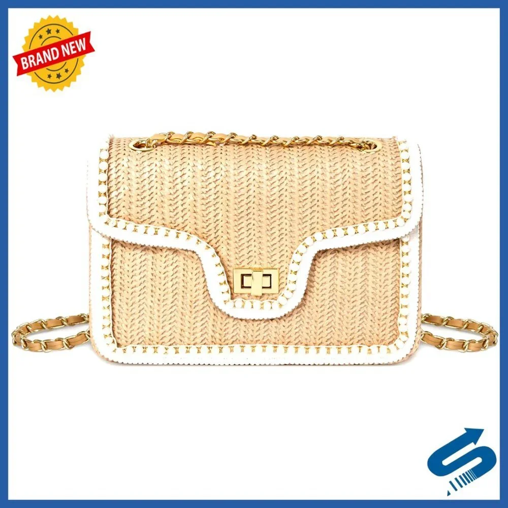 Straw Crossbody Bag with Pearls Summer Boho Chic Shoulder Purse Handbag